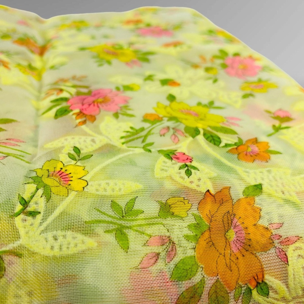 Sheer Flocked Floral‎ Fabric Soft Yellow Organza 2 Yards x 44" Wide Vintage 70s?